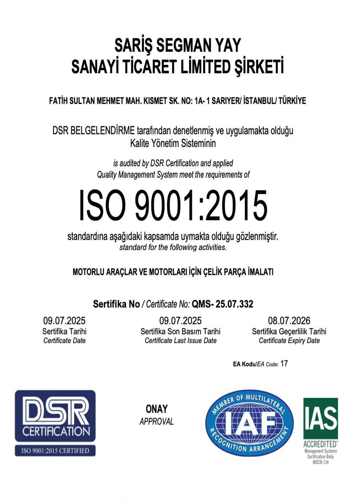 Sar İş Yay Sertifika